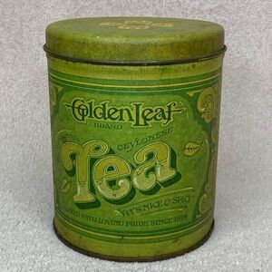 Vintage Ballonhoff Golden Leaf Tea Round Metal Tin Container Green 1977 VTG 70s